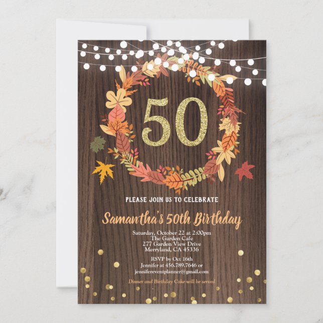 Fall 50th birthday thanksgiving wreath wood gold invitation (Front)