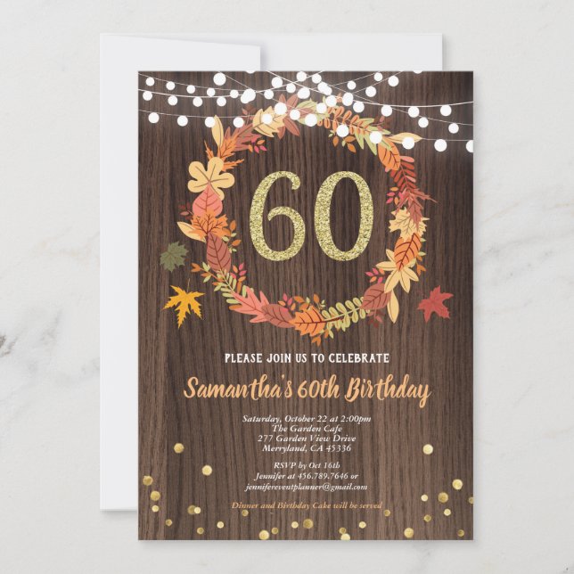 Fall 60th birthday thanksgiving wreath wood gold invitation (Front)