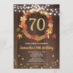 Fall 70th birthday thanksgiving wreath wood gold invitation<br><div class="desc">Elegant,  chic and cheers 70th birthday invitation. 
Occasion: Birthday,  Anniversary
Theme: Fall,  Autumn,  Thanksgiving season 
Colours: Brown,  Orange,  Autumn Palette,  Gold
Graphics: Thanksgiving Wreath,  Autumn Leaves,  Maple Leaf,  Faux Gold,  Confetti
Perfect for ladies,  adults</div>