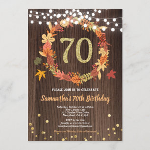 Fall 70th birthday thanksgiving wreath wood gold invitation