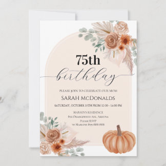 fall 75th birthday woman, boho, pumpkin invitation