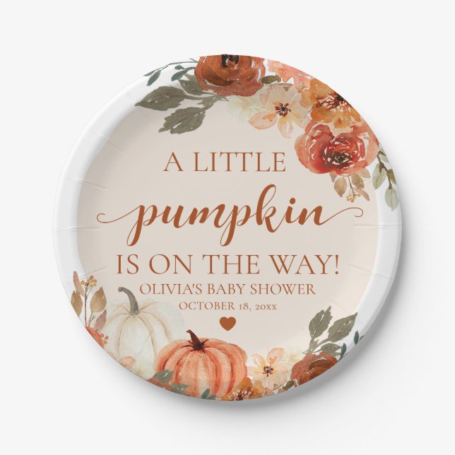 Fall A Little Pumpkin Autumn Floral Baby Shower Paper Plate (Front)