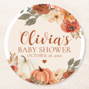 Fall A Little Pumpkin Autumn Floral Baby Shower Round Paper Coaster