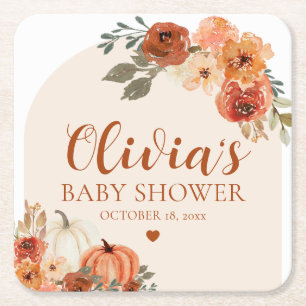 Fall A Little Pumpkin Autumn Floral Baby Shower  Square Paper Coaster