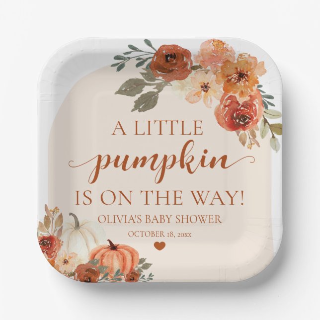 Fall A Little Pumpkin is on the way Baby Shower  Paper Plate (Front)