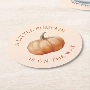 Fall A Little Pumpkin Is On The Way Baby Shower Round Paper Coaster