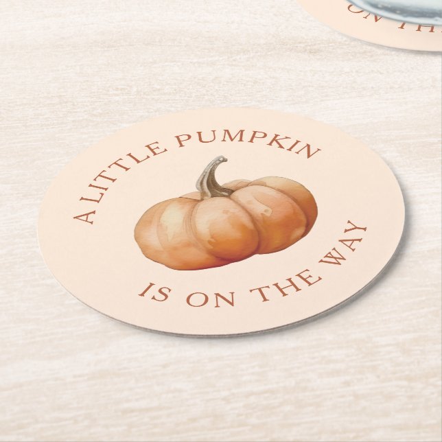 Fall A Little Pumpkin Is On The Way Baby Shower Round Paper Coaster (Angled)