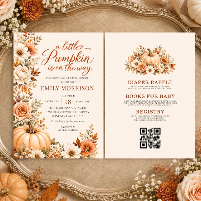 Fall A Little Pumpkin QR Code Floral Baby Shower Invitation (Creator Uploaded)