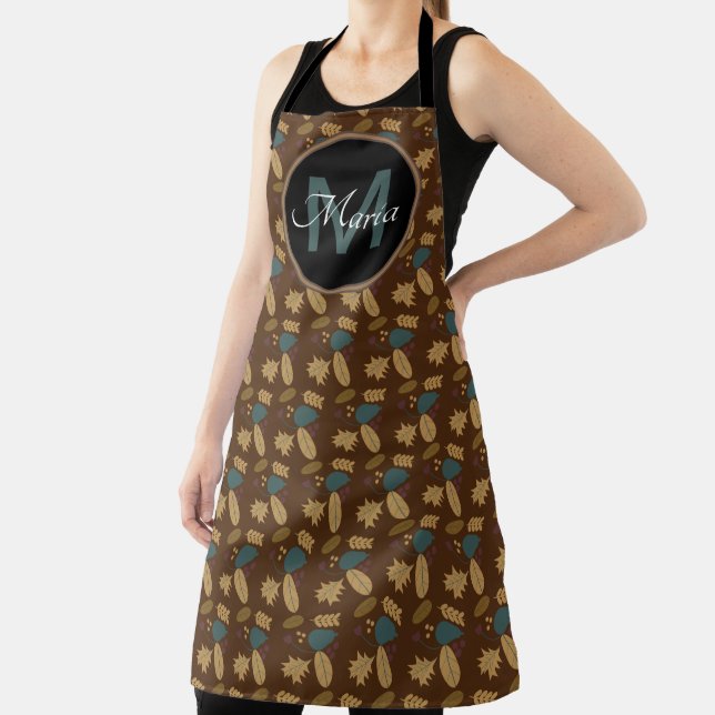 Fall Acorn and Leaves Burgandy Pattern Monogram Apron (Insitu)