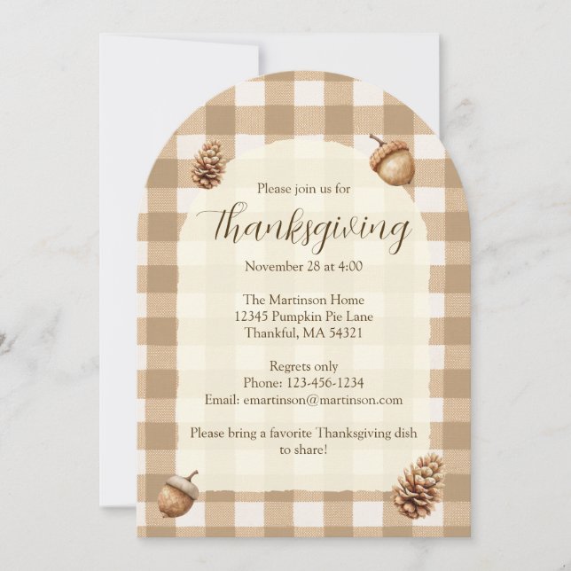 Fall Acorns Pine Cones Gingham Thanksgiving Arch Invitation (Front)