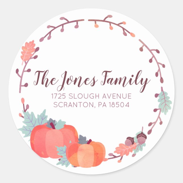 Fall address labels, pumpkin, harvest classic round sticker (Front)