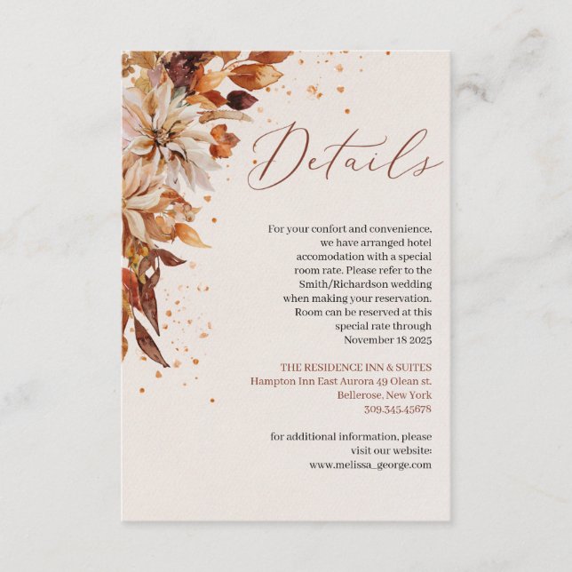 Fall and autumn flowers and leaves wedding details enclosure card (Front)