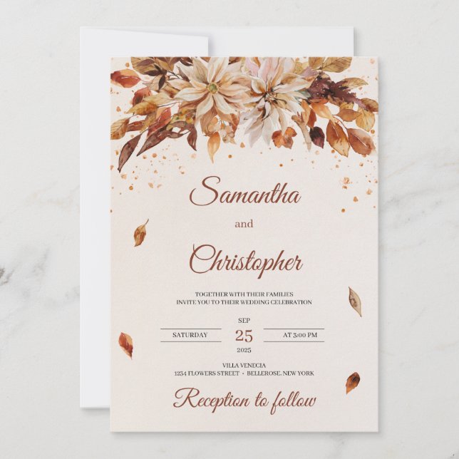 Fall and Autumn flowers and leaves wedding Invitation (Front)
