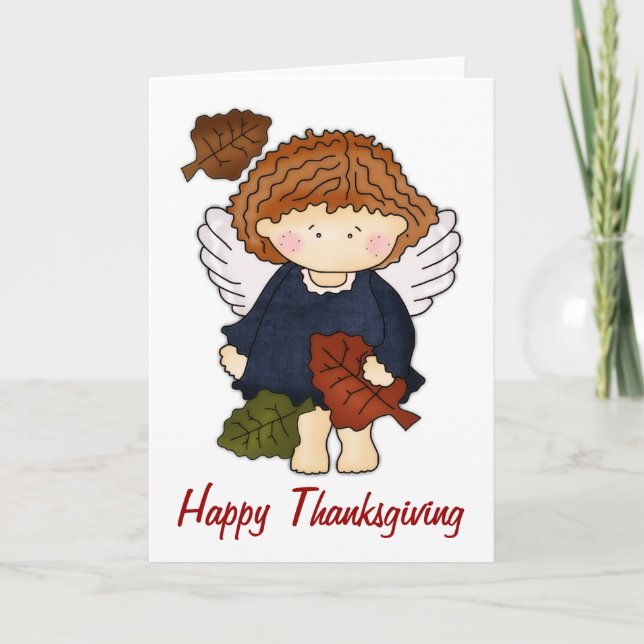 Fall Angel with Leaves Happy Thanksgiving Card (Front)