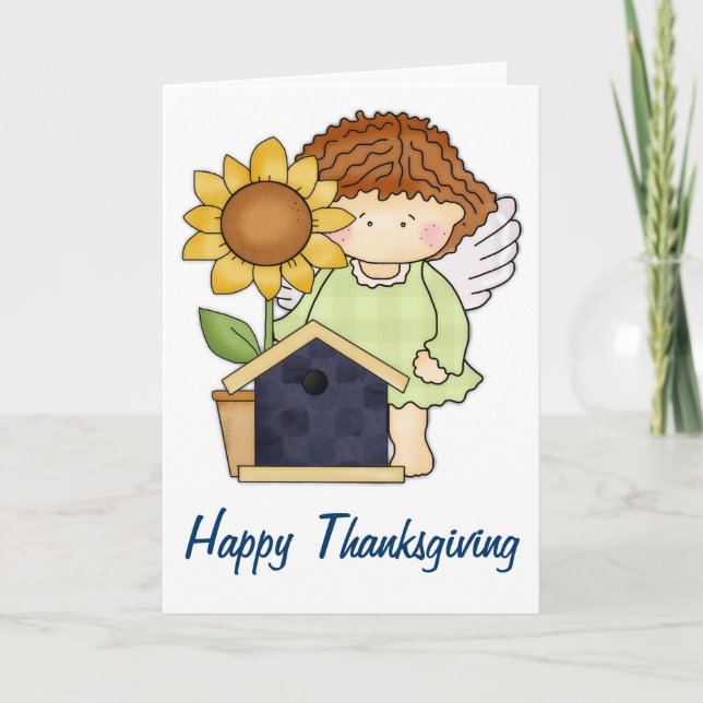 Fall Angel with Sunflower Happy Thanksgiving Card (Front)