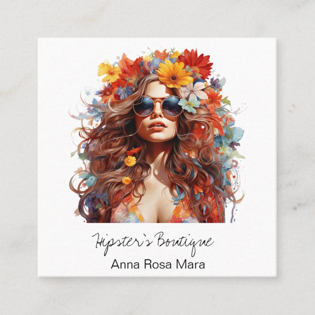 *~* FALL AP57 QR Boho Flowers Hair Hippie Lady Square Business Card (Front)