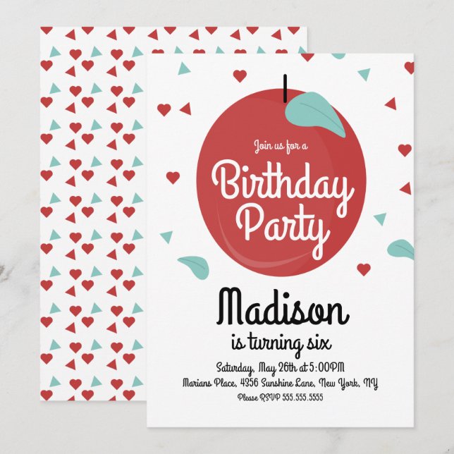 Fall Apple Confetti Hearts Birthday Invitation (Front/Back)