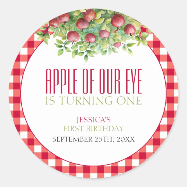 Fall Apple of Our Eye First Birthday Classic Round Sticker (Front)