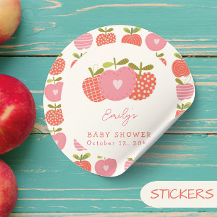  Fall Apple Theme Whimsical Baby Shower Pink Red Classic Round Sticker