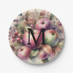 Fall apples in pastel colors watercolor painting  paper plate