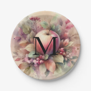 Fall apples in pastel colours watercolor painting paper plate