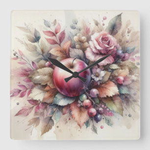 Fall apples in pastel colours watercolor painting square wall clock
