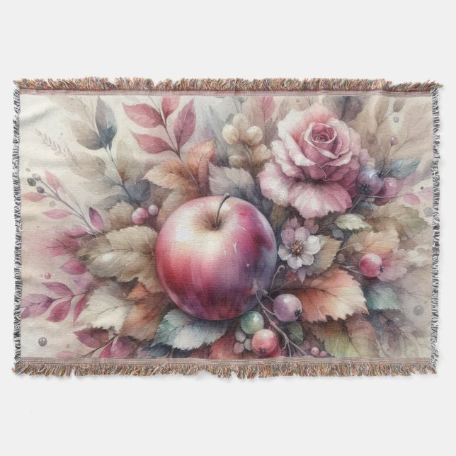 Fall apples in pastel colours watercolor painting  throw blanket (Front)