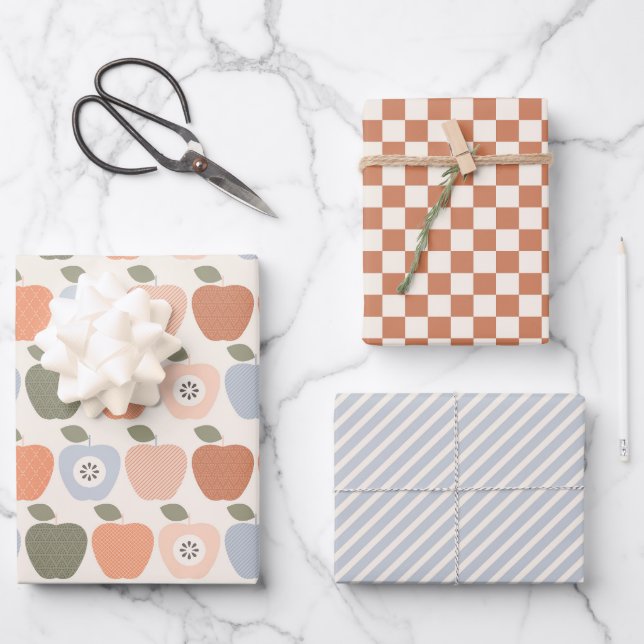 Fall Apples with Checks and Stripes Wrapping Paper Sheet (Front)