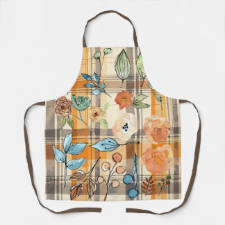 Fall Apron with plaid and autumn floral design