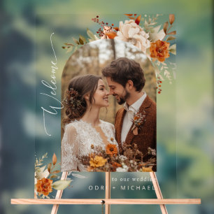 Fall Arch Modern Photo Wedding Welcome Acrylic Sign