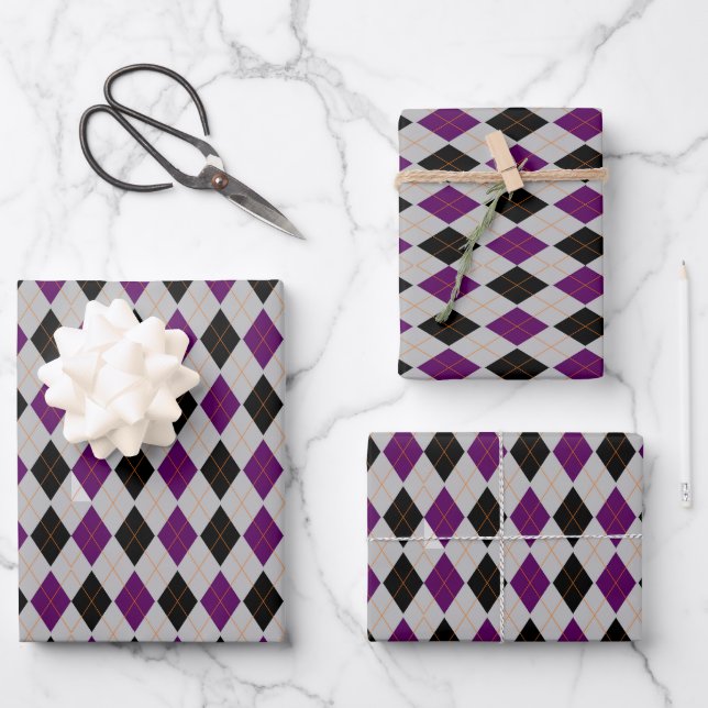 Fall Argyle Black Purple Pattern Wrapping Paper Sheet (Front)