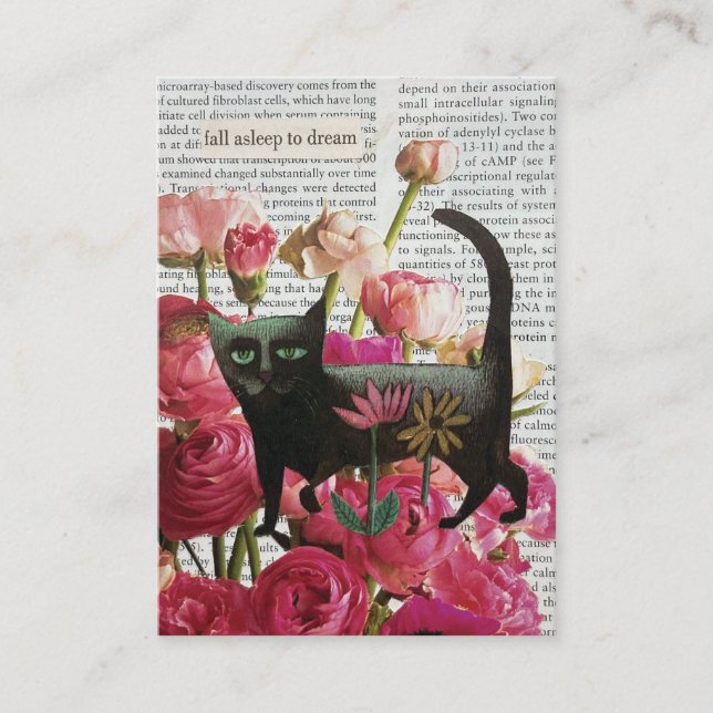 Fall Asleep to Dream Black Cat Hot Pink Flowers Business Card (Front)