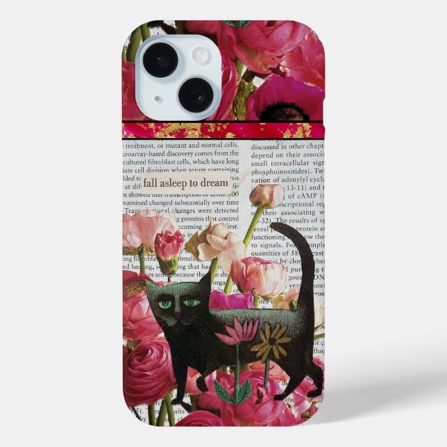 Fall Asleep to Dream Black Cat Hot Pink Flowers Case-Mate iPhone Case (Back)