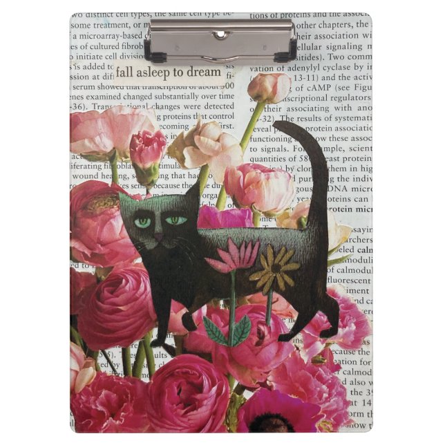 Fall Asleep to Dream Black Cat Hot Pink Flowers Clipboard (Front)