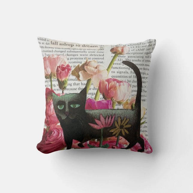 Fall Asleep to Dream Black Cat Hot Pink Flowers Cushion (Front)