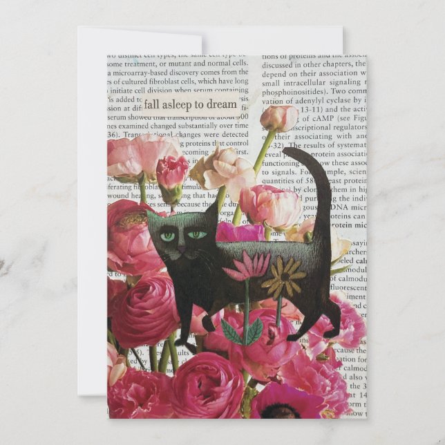 Fall Asleep to Dream Black Cat Hot Pink Flowers Invitation (Front)