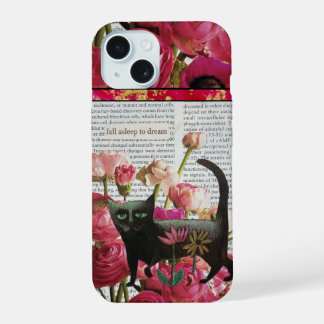 Fall Asleep to Dream Black Cat Hot Pink Flowers iPhone 15 Case