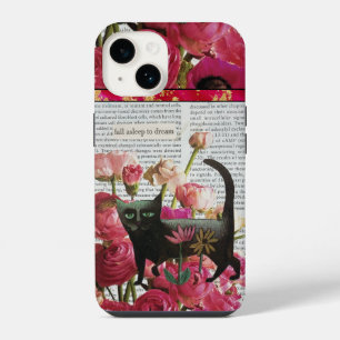 Fall Asleep to Dream Black Cat Hot Pink Flowers iPhone 14 Case