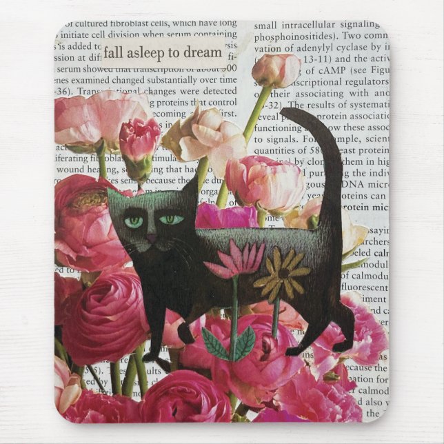 Fall Asleep to Dream Black Cat Hot Pink Flowers Mouse Mat (Front)