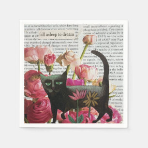 Fall Asleep to Dream Black Cat Hot Pink Flowers Napkin