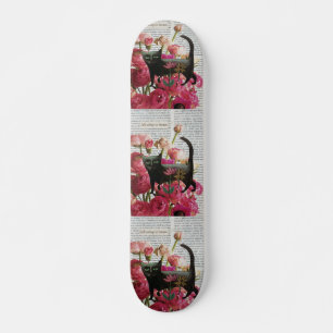 Fall Asleep to Dream Black Cat Hot Pink Flowers Skateboard