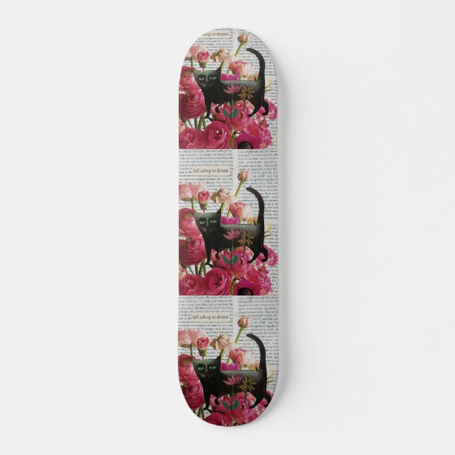 Fall Asleep to Dream Black Cat Hot Pink Flowers Skateboard (Front)