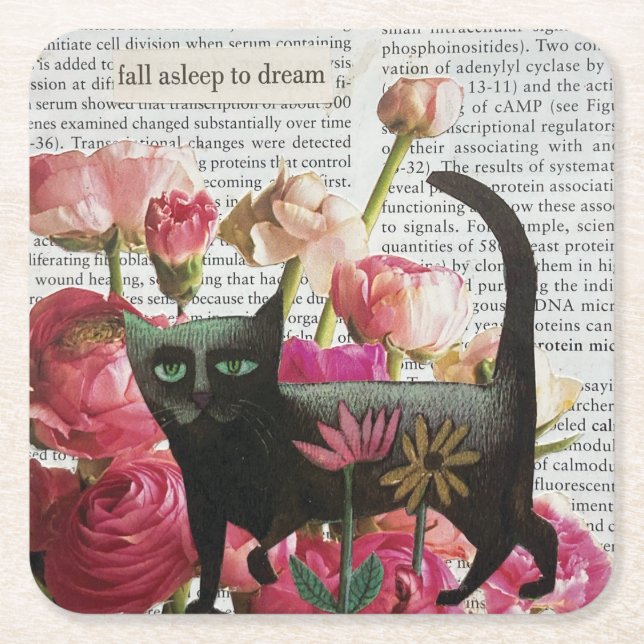Fall Asleep to Dream Black Cat Hot Pink Flowers Square Paper Coaster (Front)