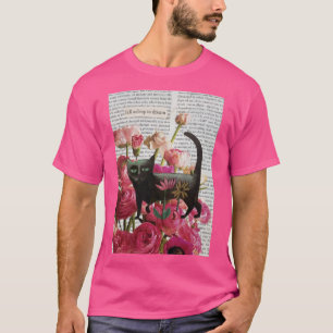 Fall Asleep to Dream Black Cat Hot Pink Flowers T-Shirt