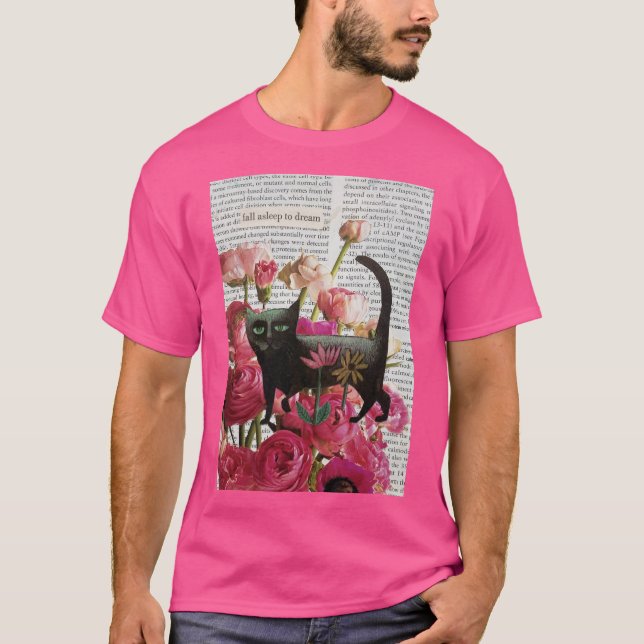 Fall Asleep to Dream Black Cat Hot Pink Flowers T-Shirt (Front)
