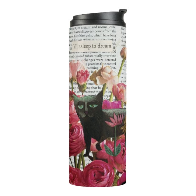 Fall Asleep to Dream Black Cat Hot Pink Flowers Thermal Tumbler (Rotated Left)