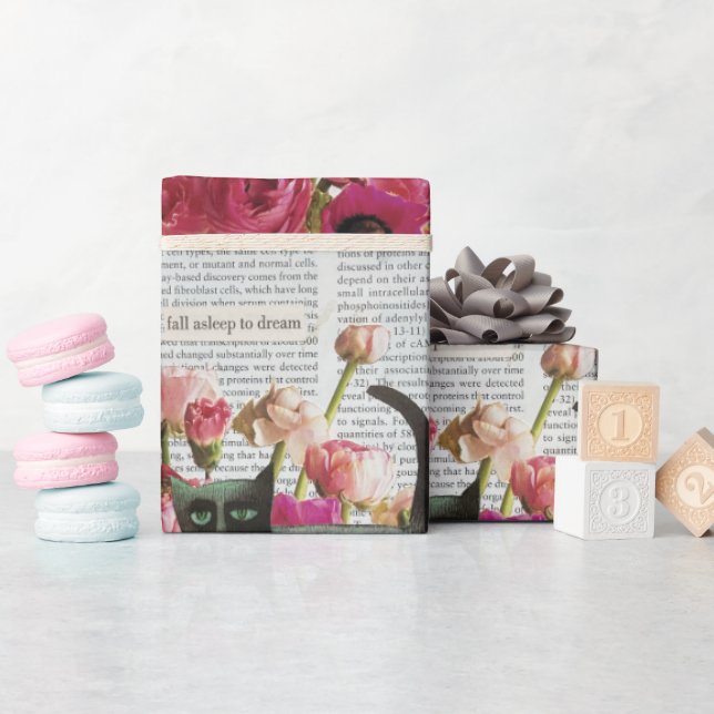 Fall Asleep to Dream Black Cat Hot Pink Flowers Wrapping Paper (Baby Shower)