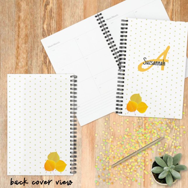 Fall Aspens Leaves & Monogram Polka Dot Pattern Planner (Autumn inspired personalized planner cover design features fall colored Aspen leaves front and back.)