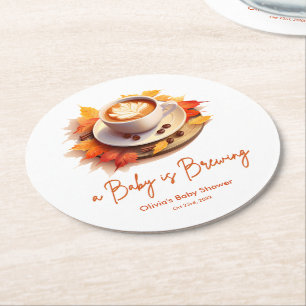 Fall Autumn A Baby is Brewing Coffee Baby Shower Round Paper Coaster