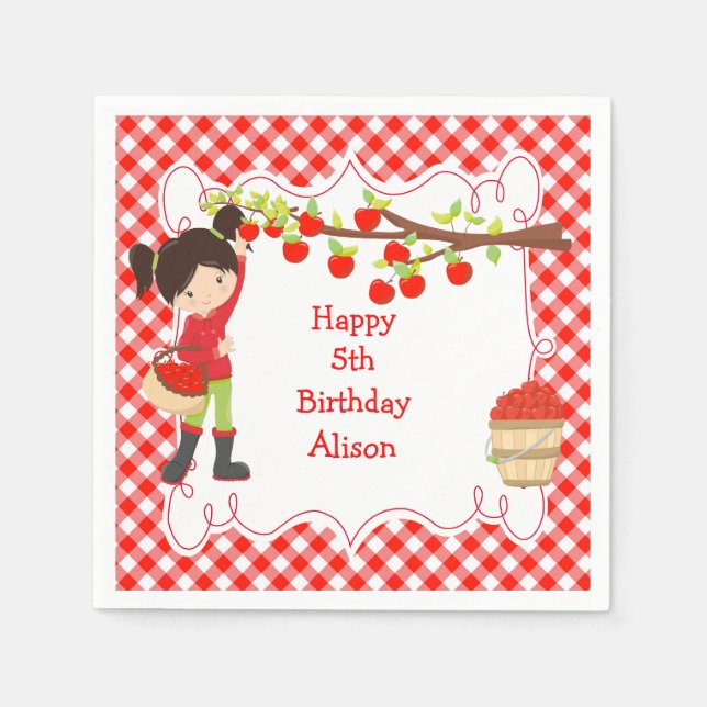Fall Autumn Apple Picking Black Hair Birthday Napkin (Front)